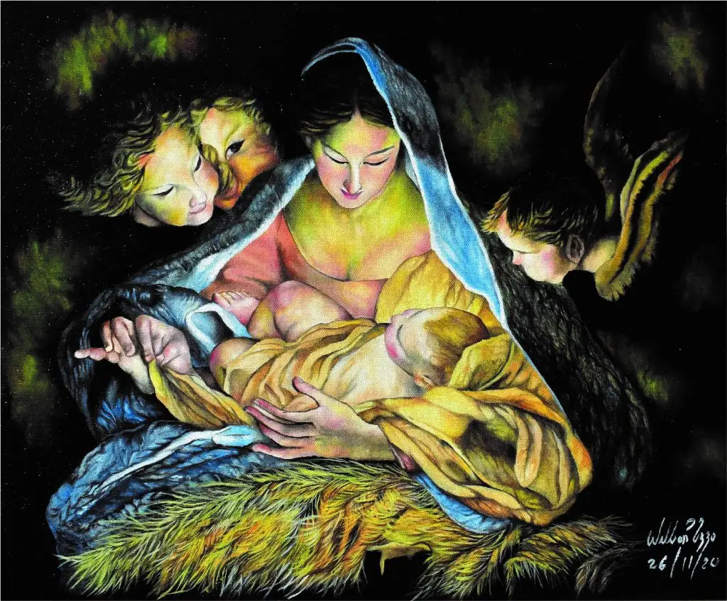 Opera d'arte "La nascita" di Willian de Paula Rizzo dipinto a mano a olio su tela dove ritratta la nascita di Gesù