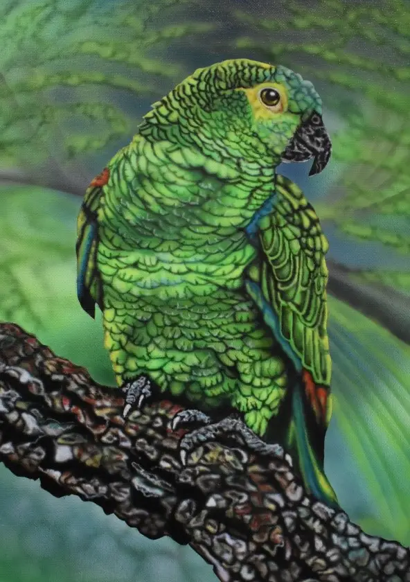 Opera d'arte di Willian de Paula Rizzo realizzata con l'utilizzo dell'aerografo dove ritratta un pappagallo Brasiliano