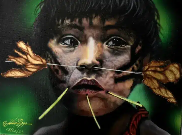 Opera d'arte di Willian de Paula Rizzo realizzata con l'utilizzo dell'aerografo dove ritratta un indigena Brasiliano